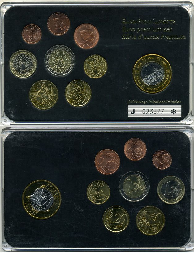 Франция евронабор из 8 монет 1999-2008 плюс европробник биметалл в пластике UNC 5-4-1-32