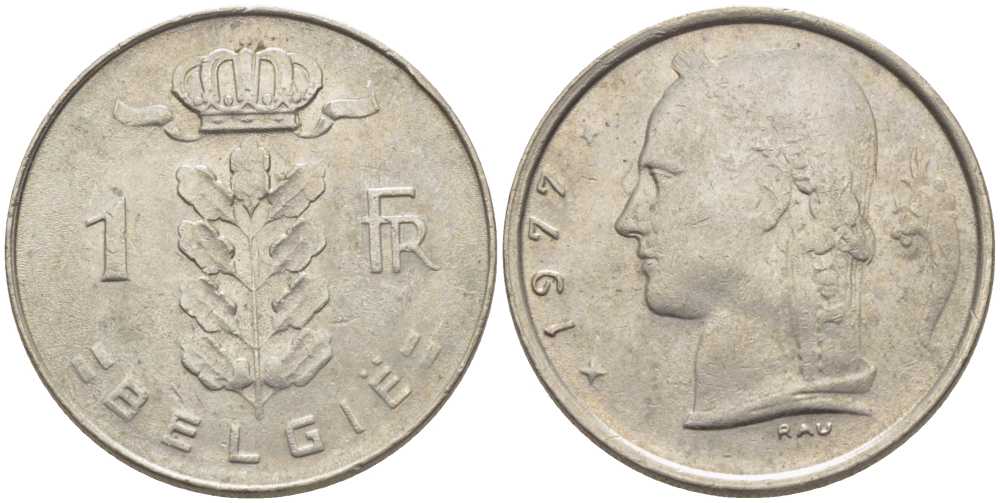 БЕЛЬГИЯ 1 ФРАНК 1977 BELGIE, БОДУЭН I (1951-1993) KM 143.1 медно-никель 119-642