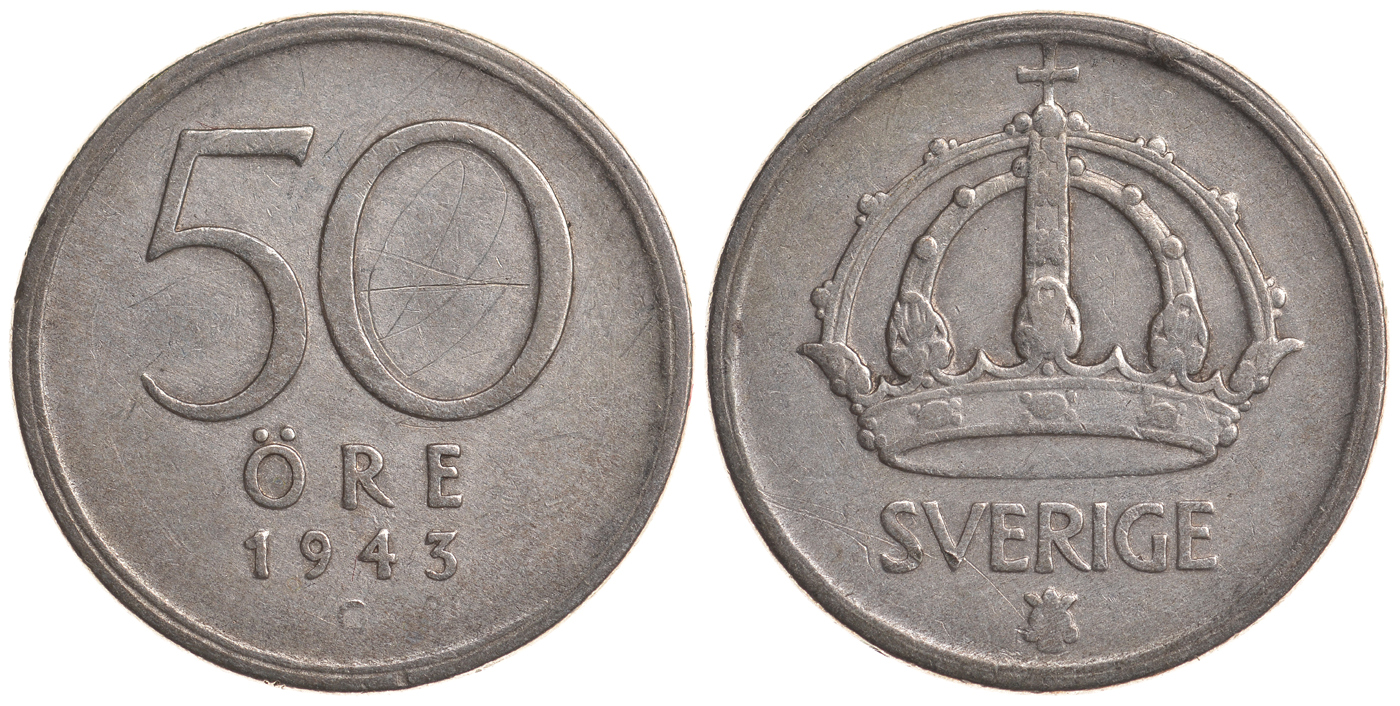 Швеция 50 эре 1943 G, Густав V (1907-1950) KM 817 серебро 4179-952