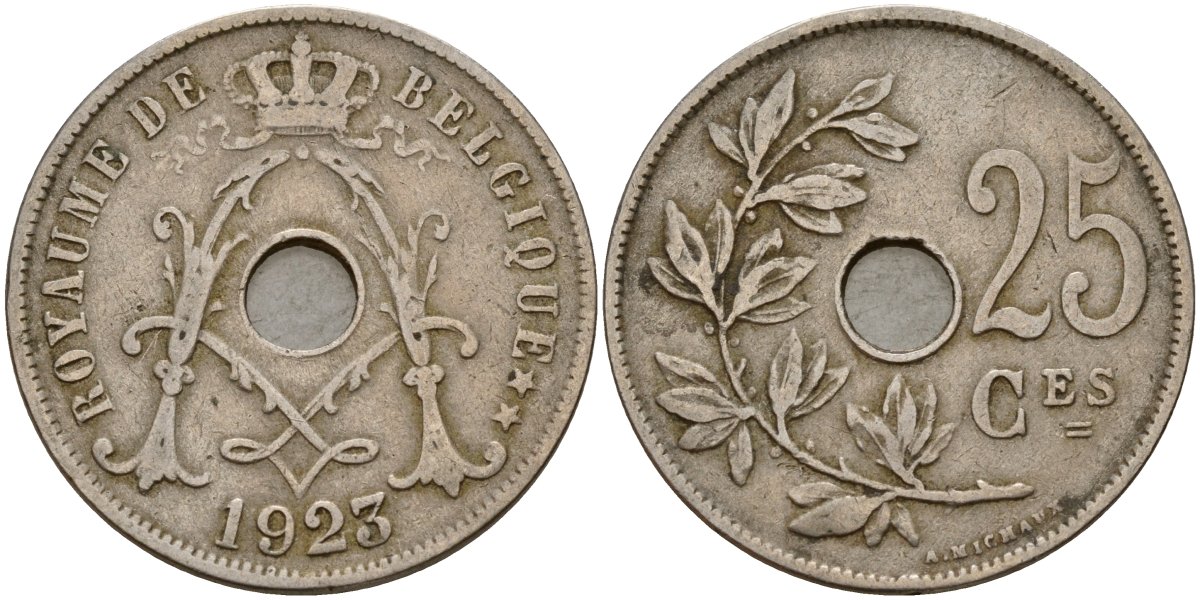 Бельгия 25 сантимов 1923 Royaume de Belgique KM 68 медно-никель 4187-936