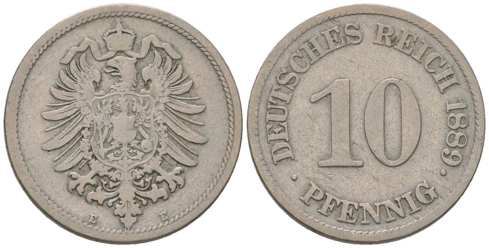 Германия 10 пфеннигов 1889 E, старогербовка KM 4, J.4 медно-никель 4175-452