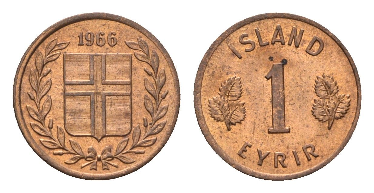 Исландия 1 эйре 1966 KM 8 бронза UNC 4690-738