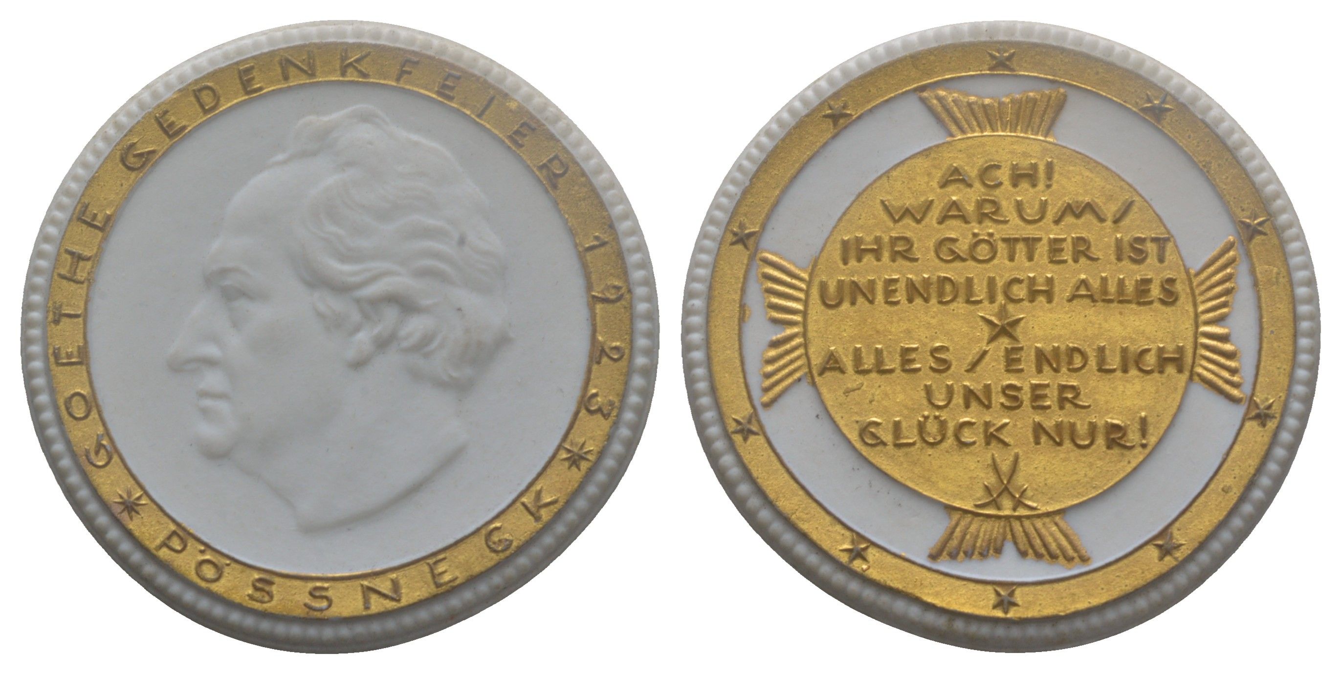 Германия (Песнек) медаль "100-летие памяти Гете" 1923 Гёте посещает Пёснек, диаметр 47 мм, вес 15 гр фарфор, позолота AUC1-2-34