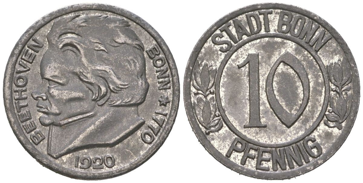 Бонн 10 пфеннигов 1920 Бетховен, Северный Рейн-Вестфалия Funck 51.1A, Men05 3220.1, Men18 4134.1 железо 4617-265