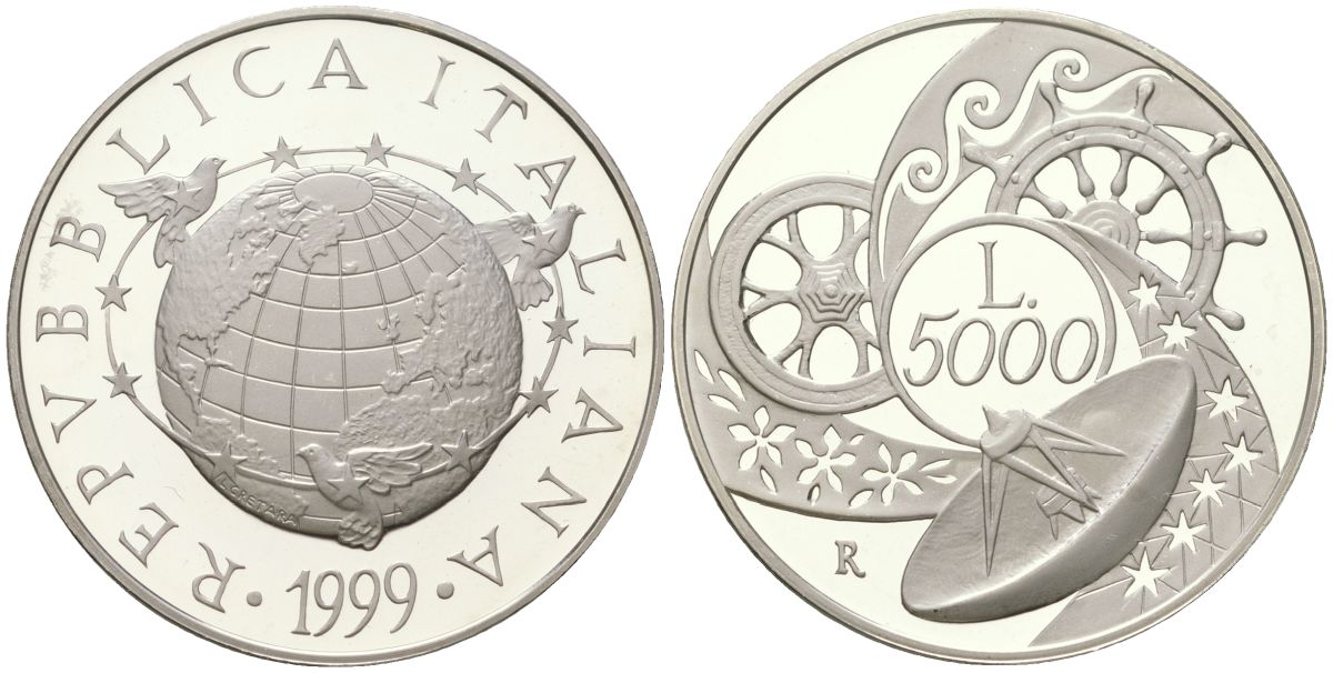 Италия 5000 лир 1999 R, Миллениум - Земля KM 198 серебро PROOF 1530-135
