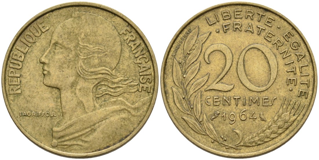 Франция 20 сантимов 1964 ТИП MORLON KM 930, Le Franc 156.4 медь алюминий никель 4566-811