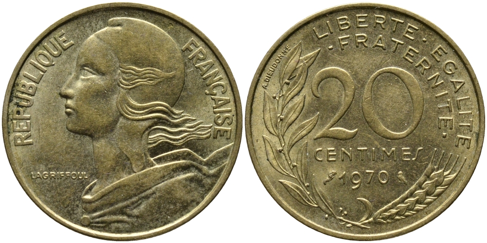 ФРАНЦИЯ 20 САНТИМОВ 1970 KM 930 медь алюминий никель 98-332