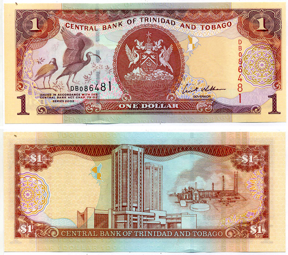 Тринидад и Тобаго 1 доллар 2002 подпись 8, номер красный Pick 41b бумага UNC (пресс) 2197-14-3-2