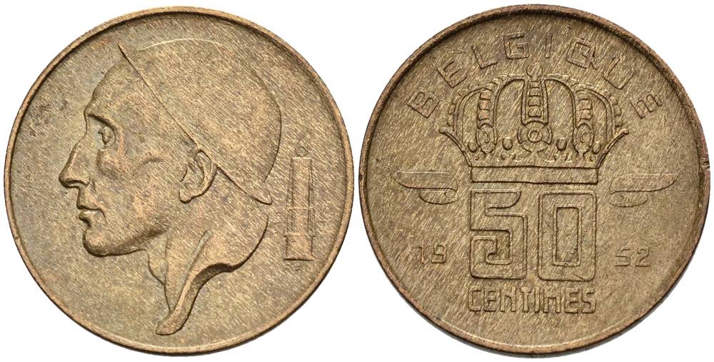 БЕЛЬГИЯ 50 САНТИМОВ 1952 BELGIQUE KM 148.1 бронза 4528-939