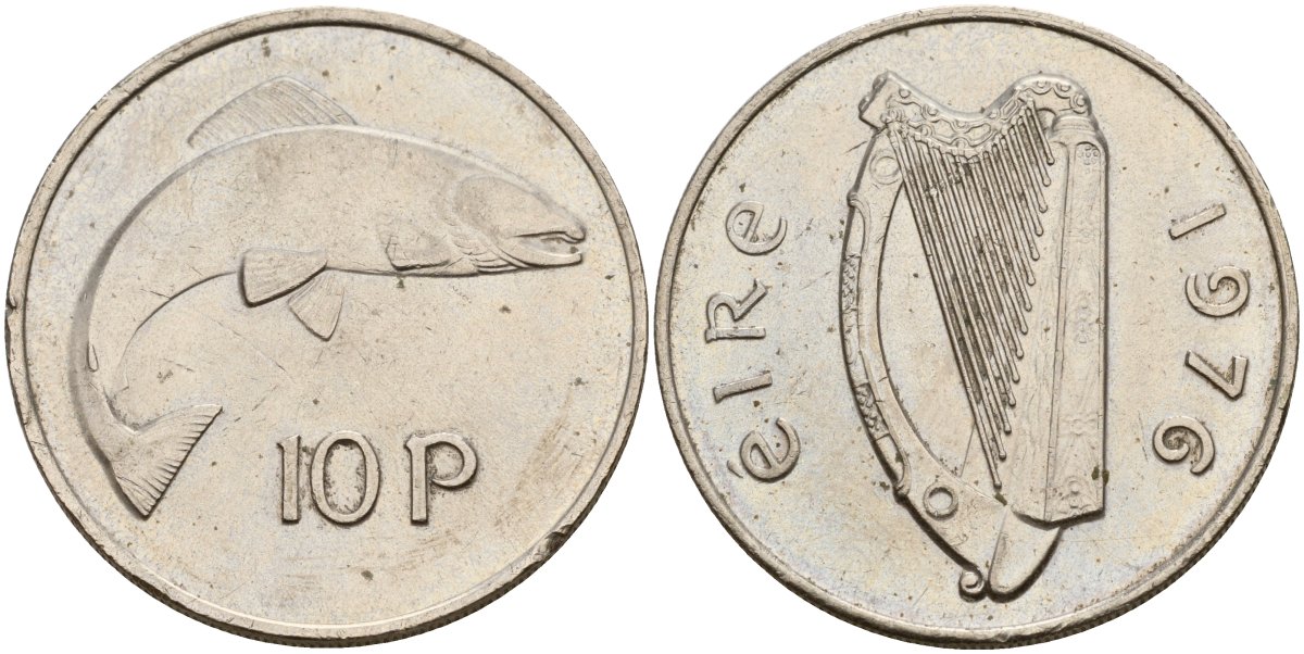 Ирландия 10 пенсов 1976 лосось KM 23 медно-никель 4140-326
