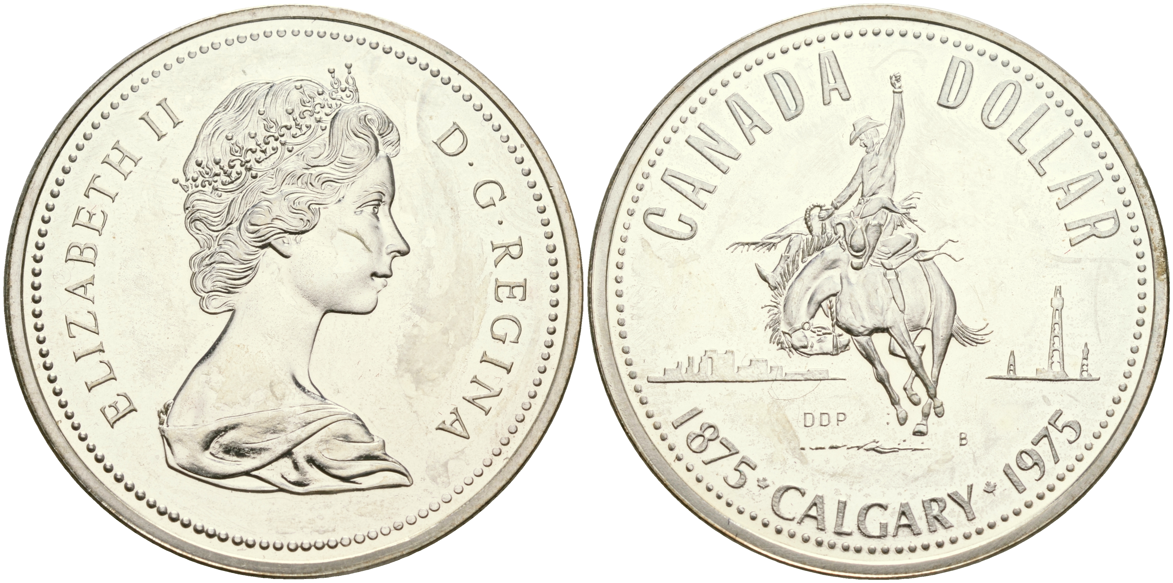 Канада 1 доллар 1975 100 лет Калгари (1875-1975), родео на лошадях, ковбой KM 97 серебро UNC 1098-3-64