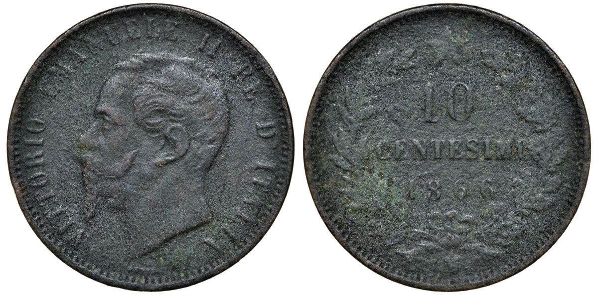 Италия 10 чентезимо 1866 M, Виктор Эммануил II KM 11.1 медь 4512-535