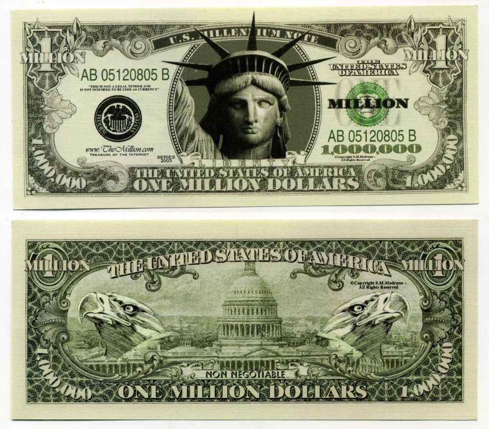 США 1000000 ДОЛЛАРОВ 2003 СУВЕНИРНАЯ БАНКНОТА бумага UNC (ПРЕСС) 8588-64-2-1