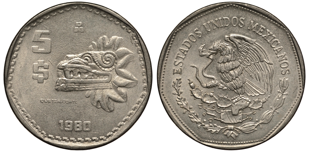 МЕКСИКА 5 ПЕСО 1980 АЦТЕКСКАЯ СКУЛЬПТУРА, ПЕРНАТЫЙ ЗМЕЙ КЕТЦАЛЬКОАТЛЬ KM 485 медно-никель XF- 3334-122