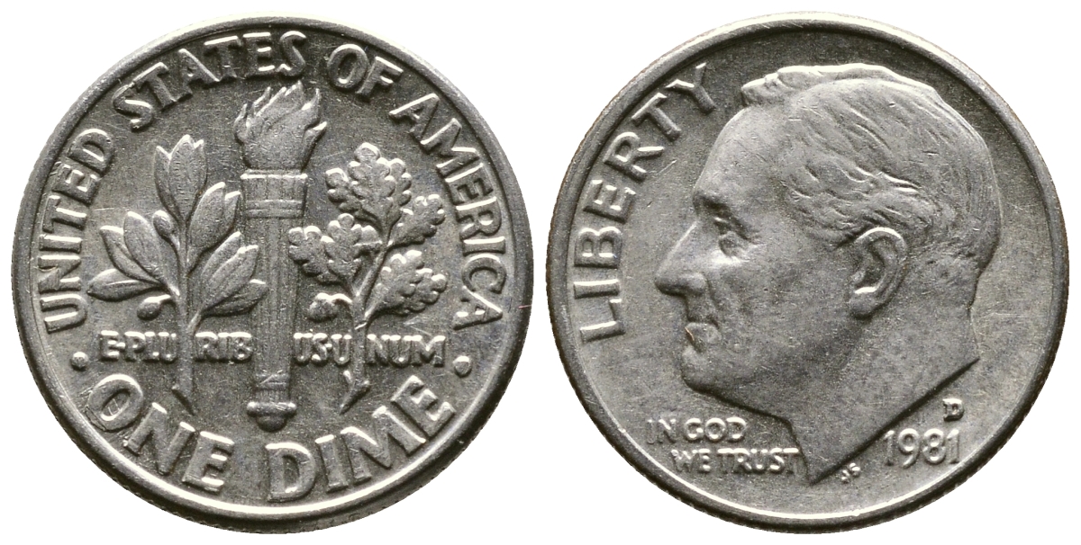 США 10 ЦЕНТОВ = 1 ДАЙМ 1981 D, РУЗВЕЛЬТ KM 195а медь плакированная медно-никелем 57-1213