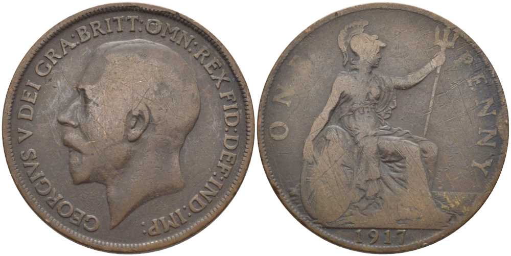 Великобритания 1 пенни 1917 Георг V (1910-1936) KM 810, Spink 4051 бронза 115-114