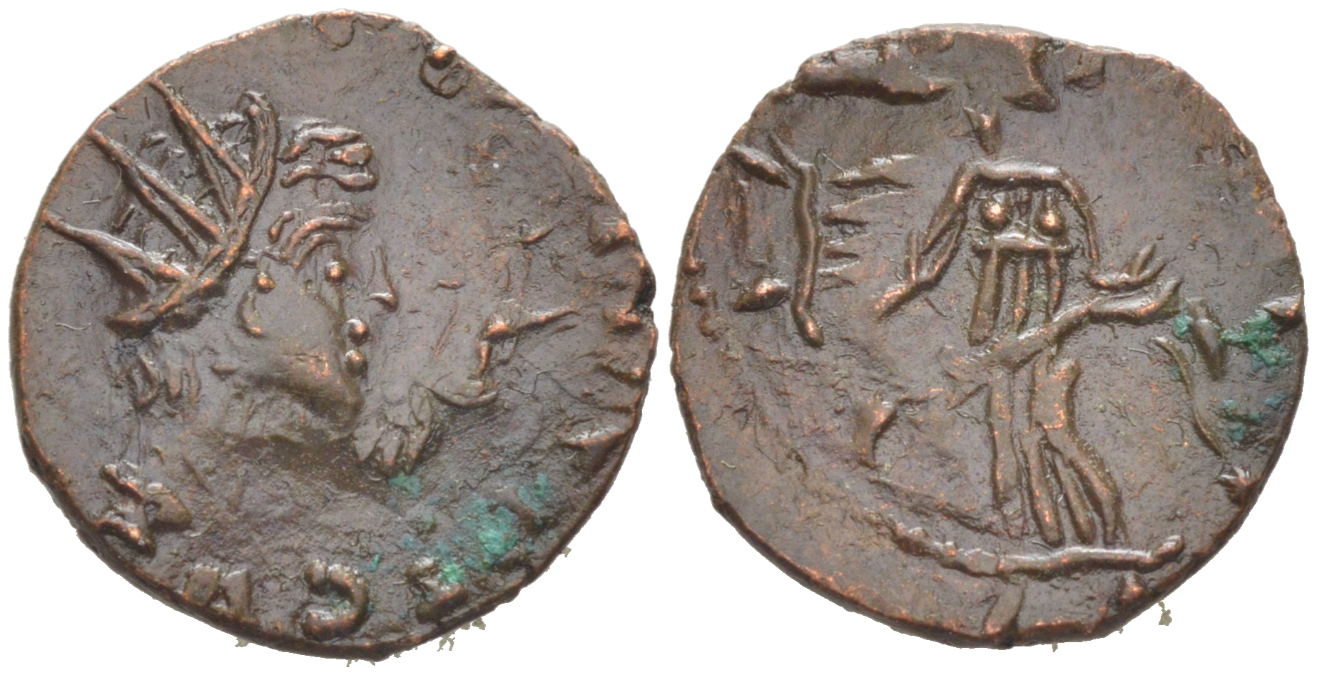 Римская Империя, императоры в Галлии антониниан 273 - 274 Тетрик II, C PIV ESV TETRICVS CAES, бюст цезаря / PAX AVG, Пация, персонификация мира, локальная чеканка в Галлии RIC 247 биллон 1073-24-25