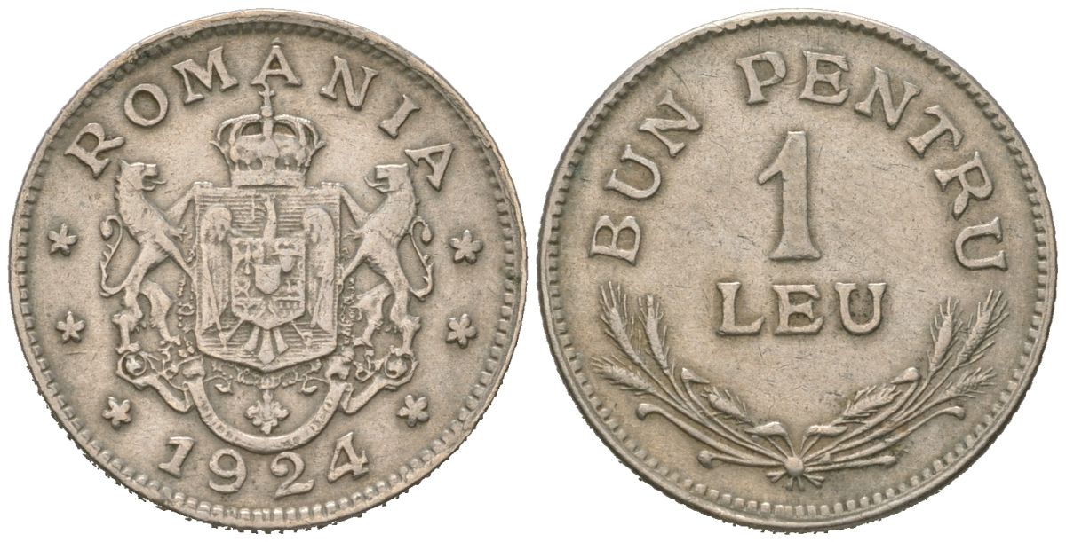 Румыния 1 лей 1924 Фердинанд I (1914-1927) KM 46 медно-никель 4615-349