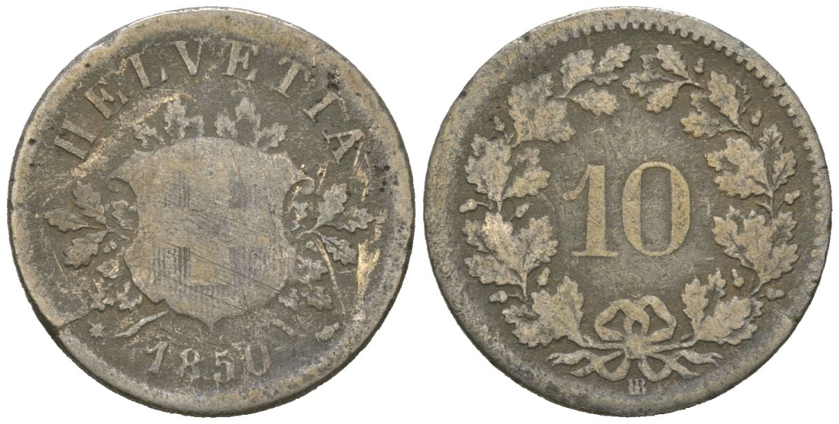 Швейцария 10 раппенов 1850 BB KM 6 серебро 4615-524