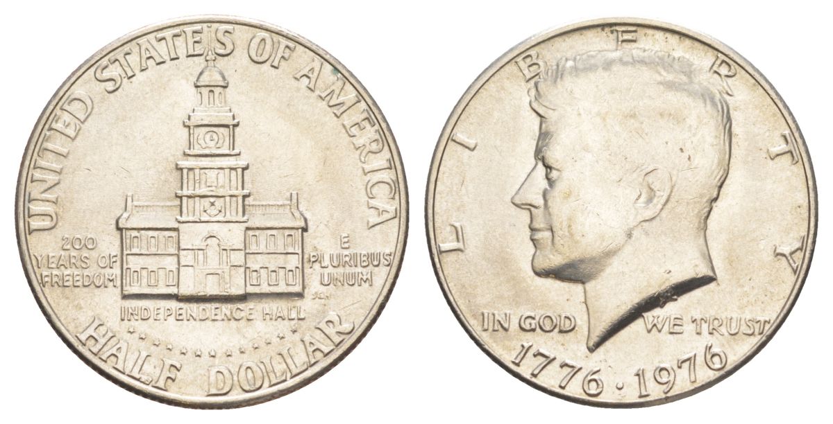 США 1/2 доллара (50 центов) 1976 200 лет независимости, Джон Кеннеди KM 205 медь плакированная медно-никелем aUNC 4545-145