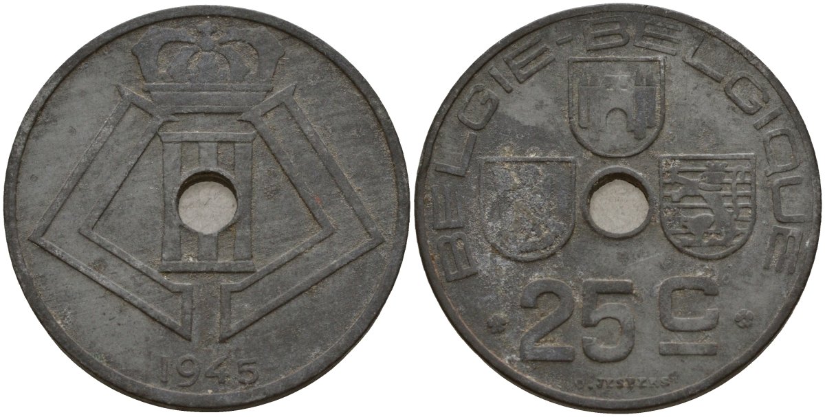 Бельгия 25 сантимов 1945 Belgie - Belgique, Леопольд III (1934-1947), германская оккупация, Вторая мировая война KM 132 цинк 4157-641