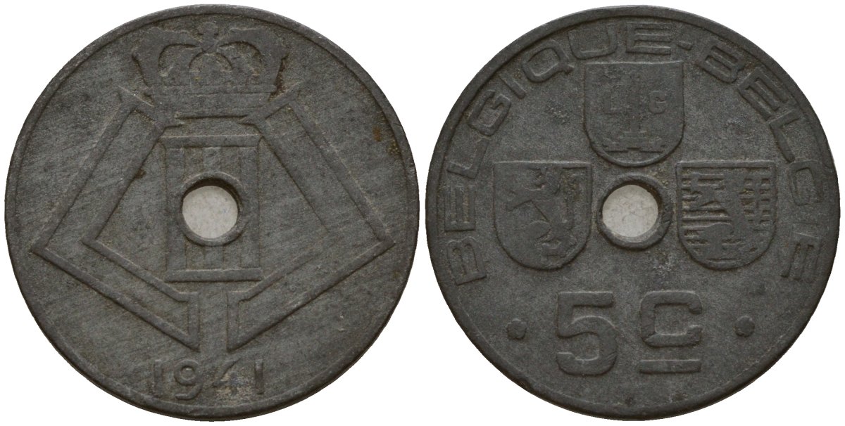 Бельгия 5 сантимов 1941 Belgique - Belgie, Леопольд III (1934-1947), германская оккупация, Вторая мировая война KM 123 цинк 4160-1116