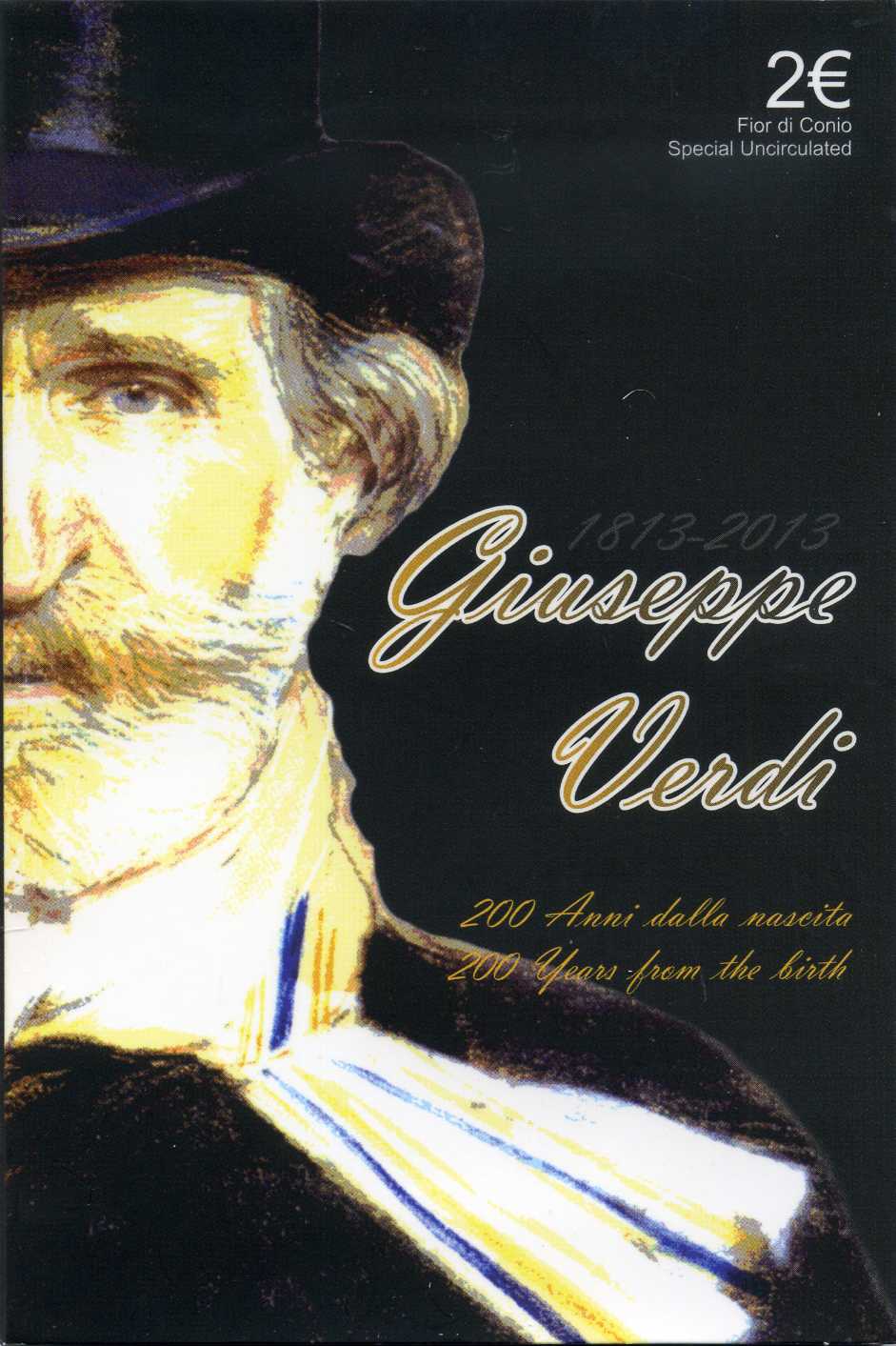 Италия 2 евро 2013 200 лет со дня рождения Джузеппе Верди, запайка, пластик, буклет KM 357 биметалл BUNC 3-4-8-50