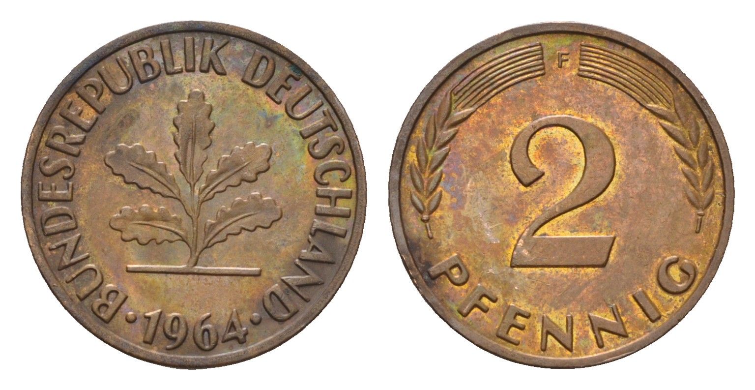 ФРГ 2 пфеннига 1964 F KM 106, J. 381 бронза 4682-1113