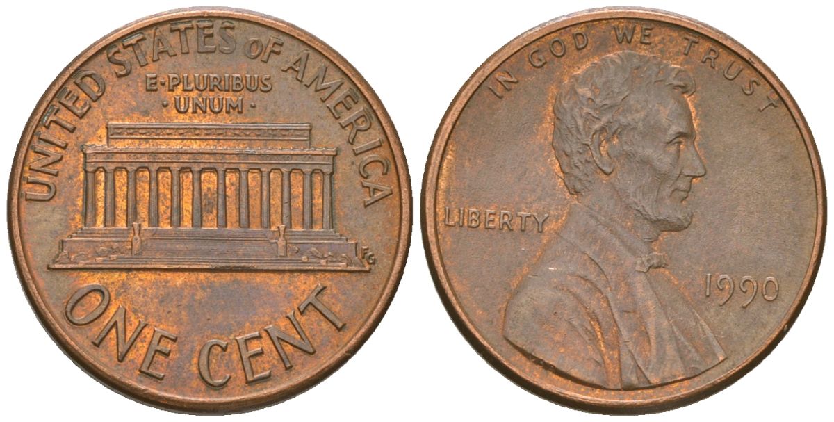 США 1 цент 1990 Линкольн KM 201b цинк плкированный медью aUNC 4549-729