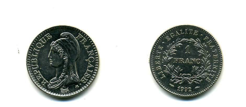 Франция 1 франк 1992 200 лет Французской республике KM 1004.1, Le Franc 229.2 никель UNC 83-1226
