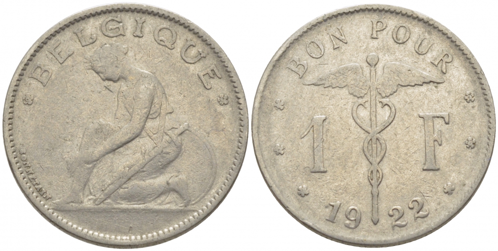 Бельгия 1 франк 1922 Belgique, Альберт I (1910-1934) KM 89 никель 259-933