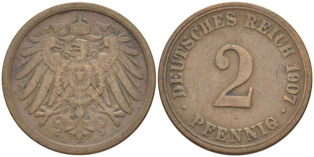 ГЕРМАНИЯ 2 ПФЕННИГА 1907 A KM 16, J. 11, Weege 4 медь 211-515