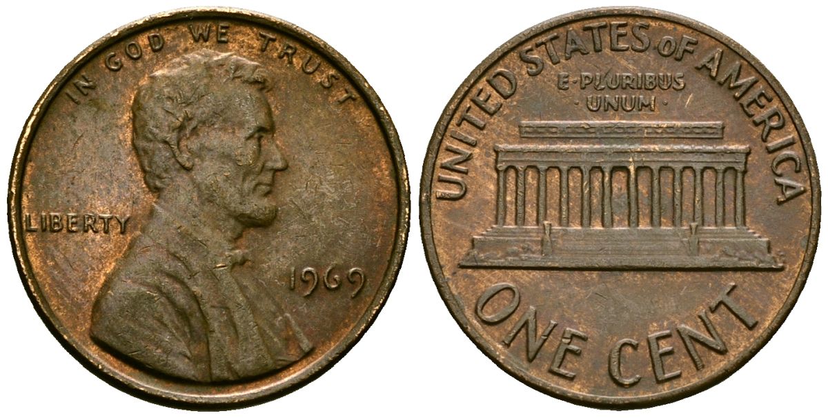 США 1 цент 1969 Линкольн KM 201 медь цинк 4136-129