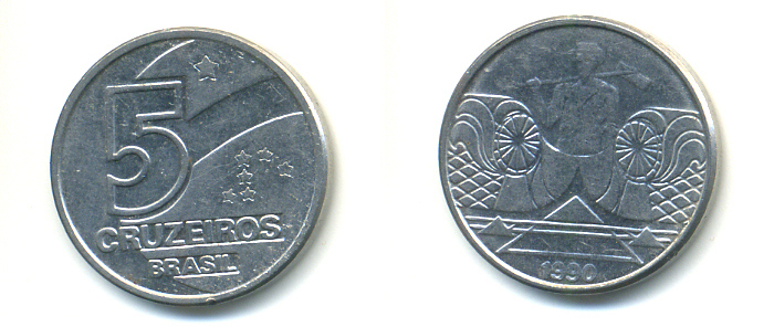 Бразилия 5 крузейро 1990 фермер KM 618.1 нержавеющая сталь aUNC 93-652