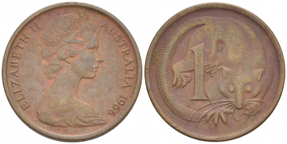 АВСТРАЛИЯ 1 ЦЕНТ 1966 ЕЛИЗАВЕТА II, МОЛОДОЙ ПОРТРЕТ, ОПОССУМ КМ 62 бронза 3851-1066