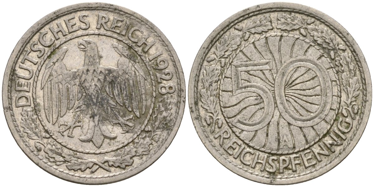 Германия 50 рейхспфеннигов 1928 A KM 49, J. 324 никель 4588-1215