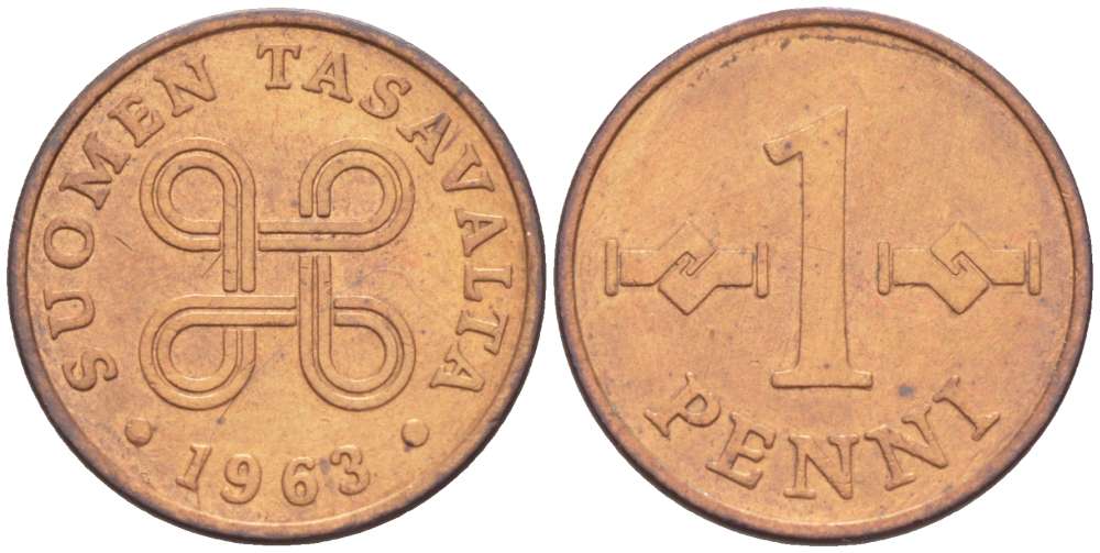 Финляндия 1 пенни 1963 первый год KM 44 медь 4519-555