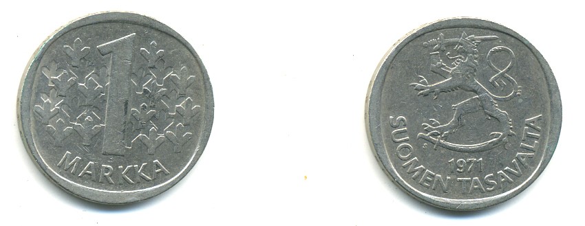 ФИНЛЯНДИЯ 1 МАРКА 1971 S KM 49а медно-никель 80-443