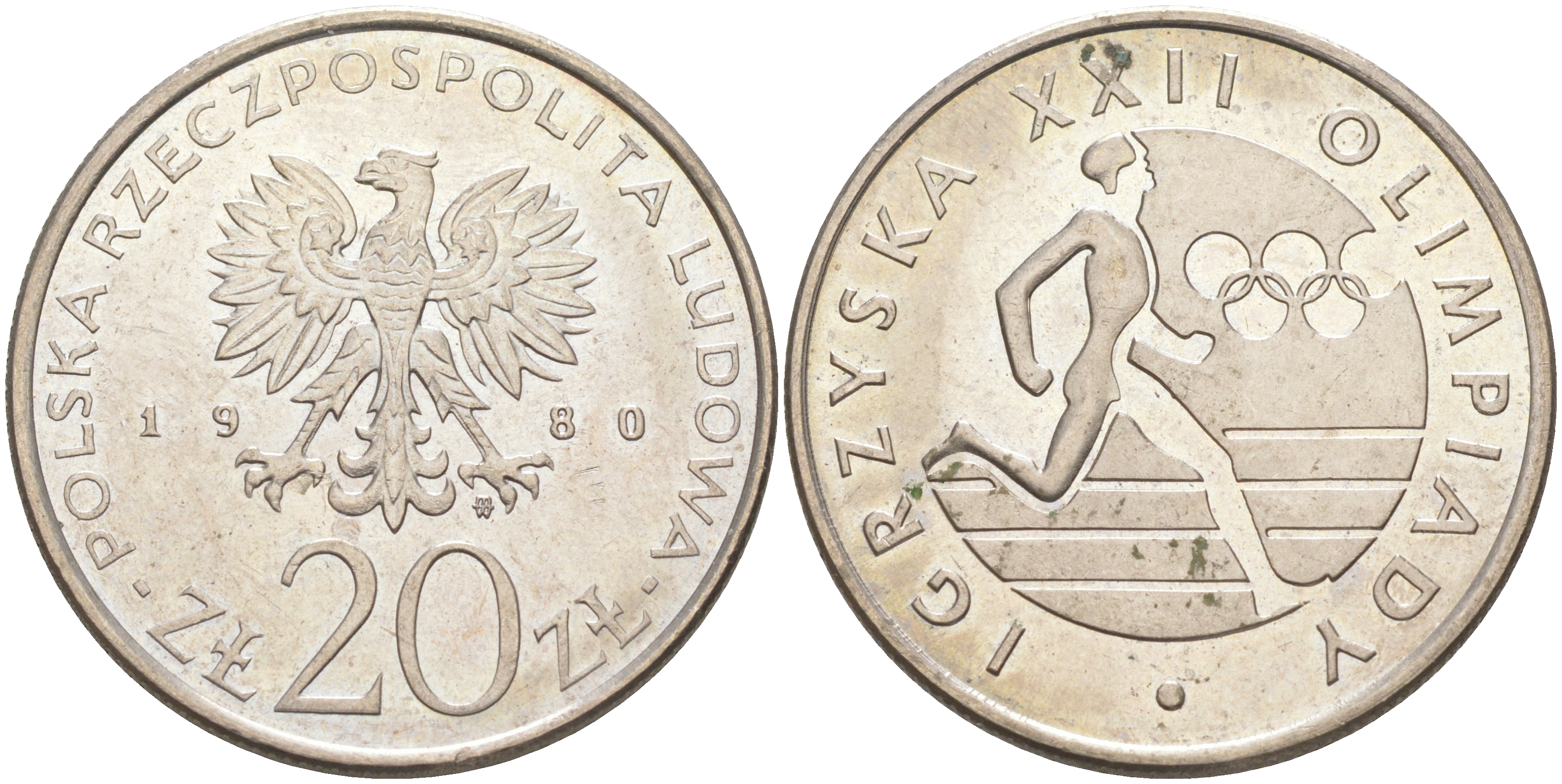 Польша 20 злотых 1980 MW, XXII летние Олимпийские Игры, Москва 1980, бегун KM 108, Parchimowicz 252 медно-никель UNC 4111-932