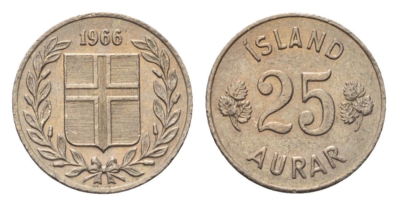 Исландия 25 эйре 1966 KM 11 медно-никель UNC 4696-343