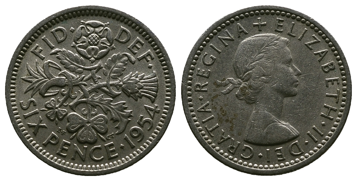 Великобритания 6 пенсов 1954 Елизавета II (1952-2022) KM 903, Spink 4149 медно-никель 4381-644