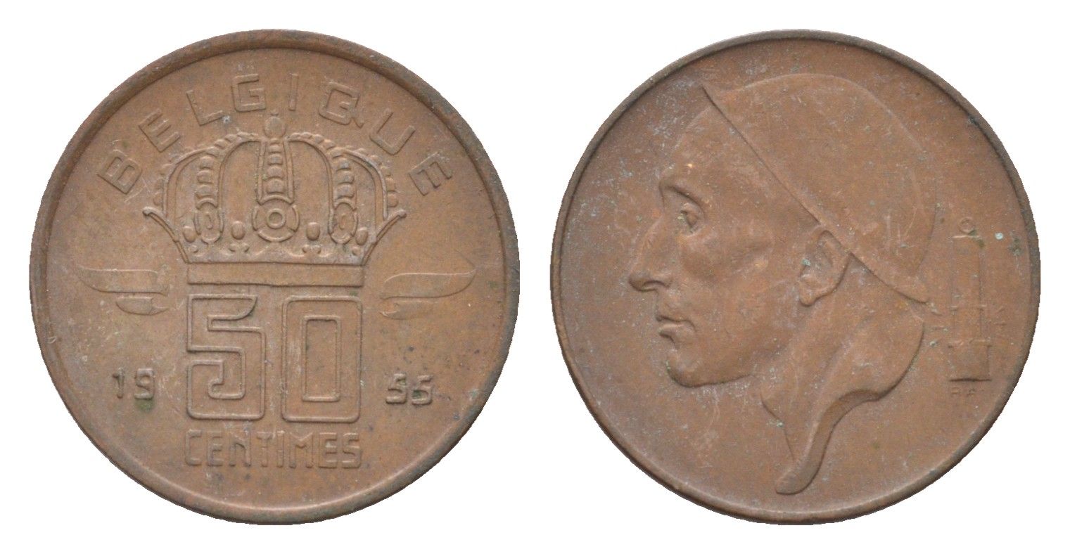 Бельгия 50 сантимов 1955 Belgique, Бодуэн I (1951-1993) KM 148 бронза 4705-222