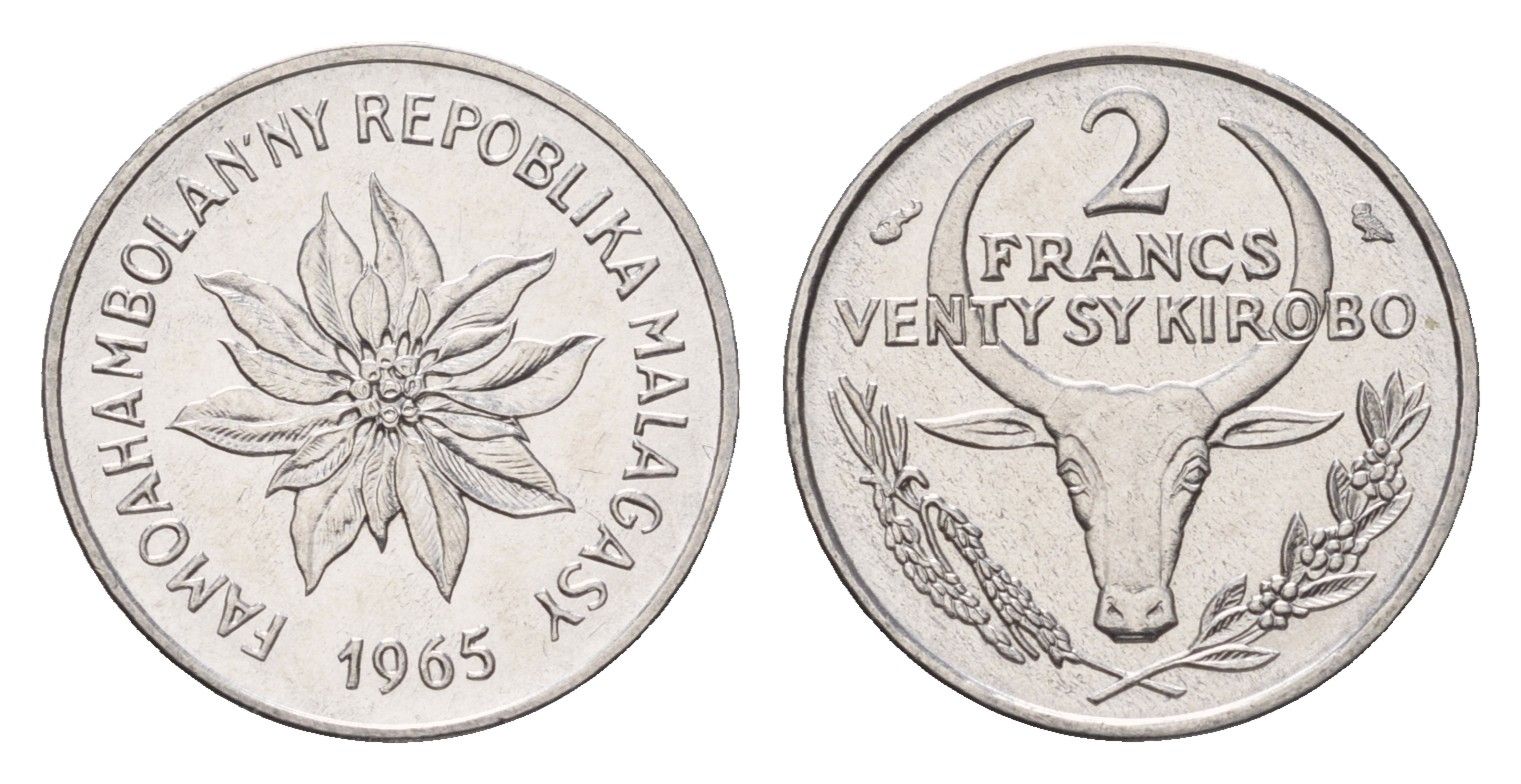 Мадагаскар 2 франка 1965 KM 9 нержавеющая сталь UNC 4669-467