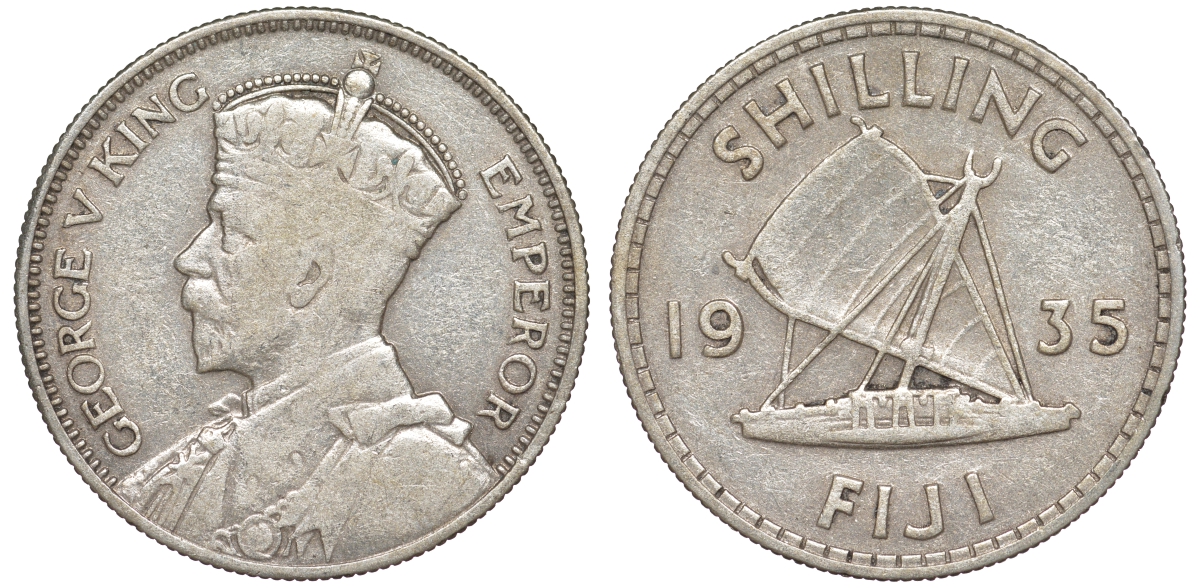 Фиджи 1 шиллинг 1935 Георг V (1910-1936), парусник KM 4 серебро    91-1024