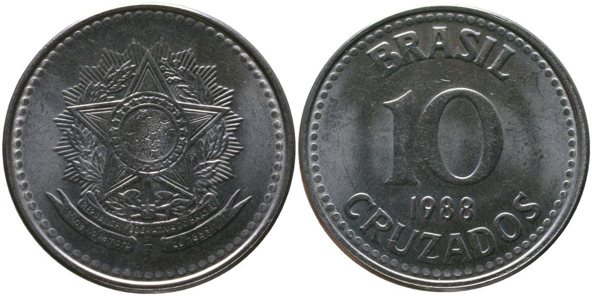Бразилия 10 крузадо 1988 KM 607, Schon 116 нержавеющая сталь 4519-722