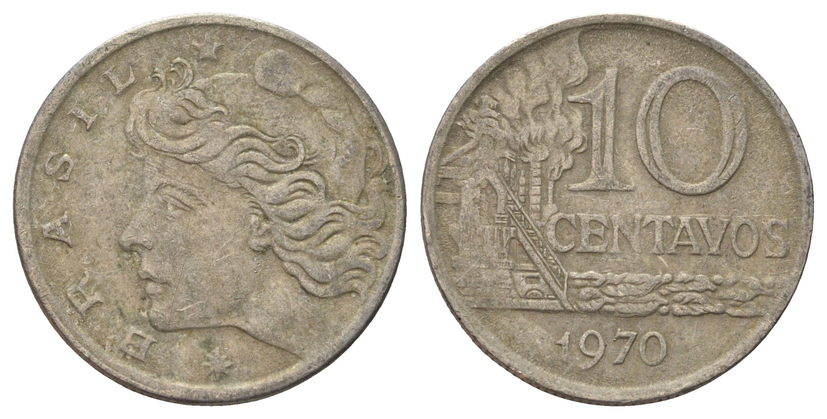 Бразилия 10 сентаво 1970 год-тип KM 578.2 медно-никель 4161-417