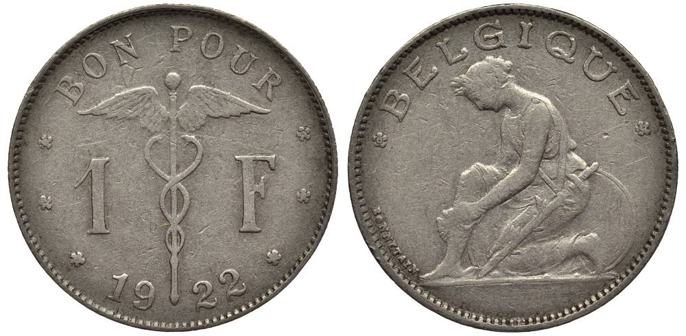 Бельгия 1 франк 1922 Belgique, Альберт I (1910-1934) KM 89 никель 27-1015