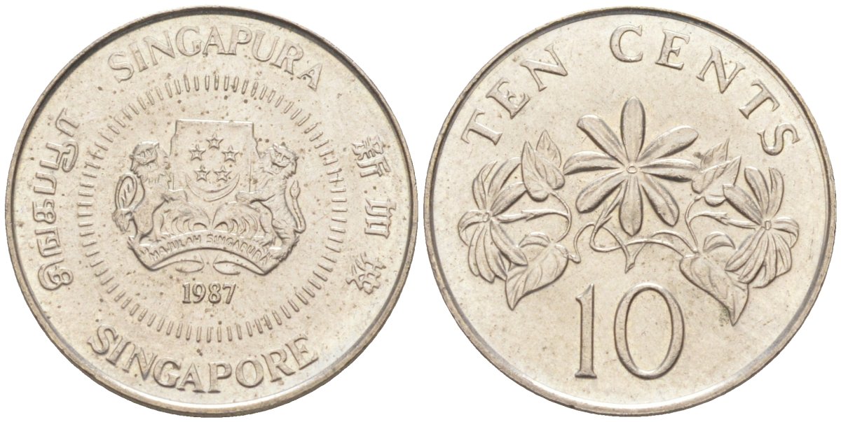 Сингапур 10 центов 1987 KM 51 медно-никель 187-462