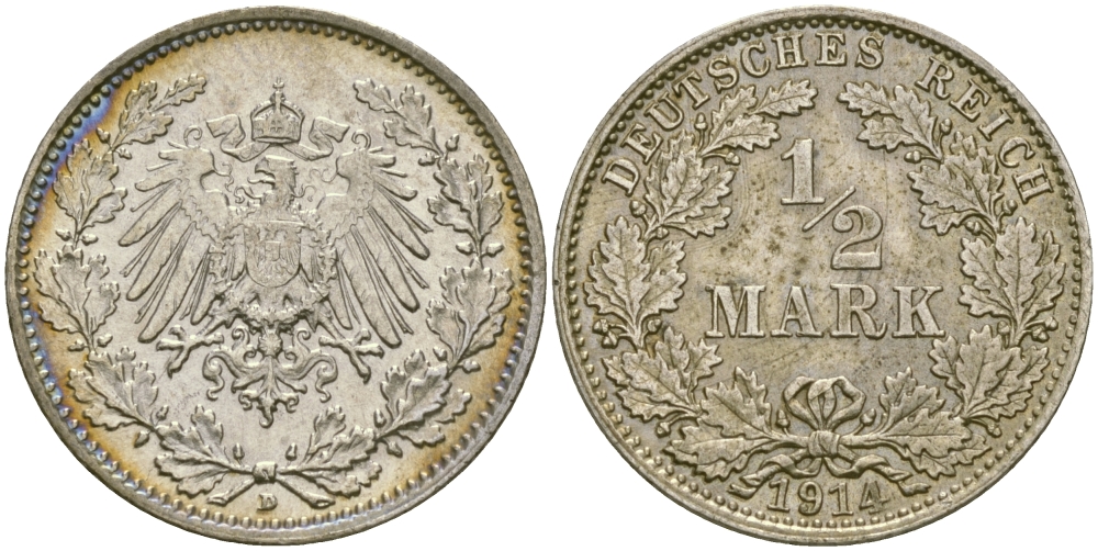 ГЕРМАНИЯ 1/2 МАРКИ 1914 D J. 16, KM 17 серебро UNC 413-6222