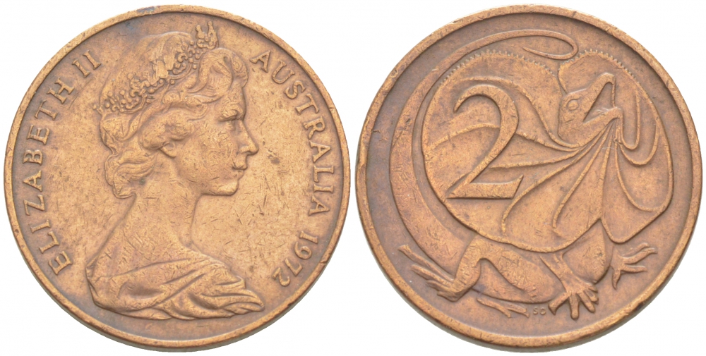АВСТРАЛИЯ 2 ЦЕНТА 1972 ЕЛИЗАВЕТА II, МОЛОДОЙ ПОРТРЕТ, ПЛАЩЕНОСНАЯ ЯЩЕРИЦА (FRILLED LIZARD) KM 63 бронза 77-731